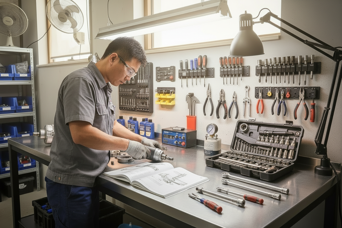 have someone manning the work bench and repairing a tool
