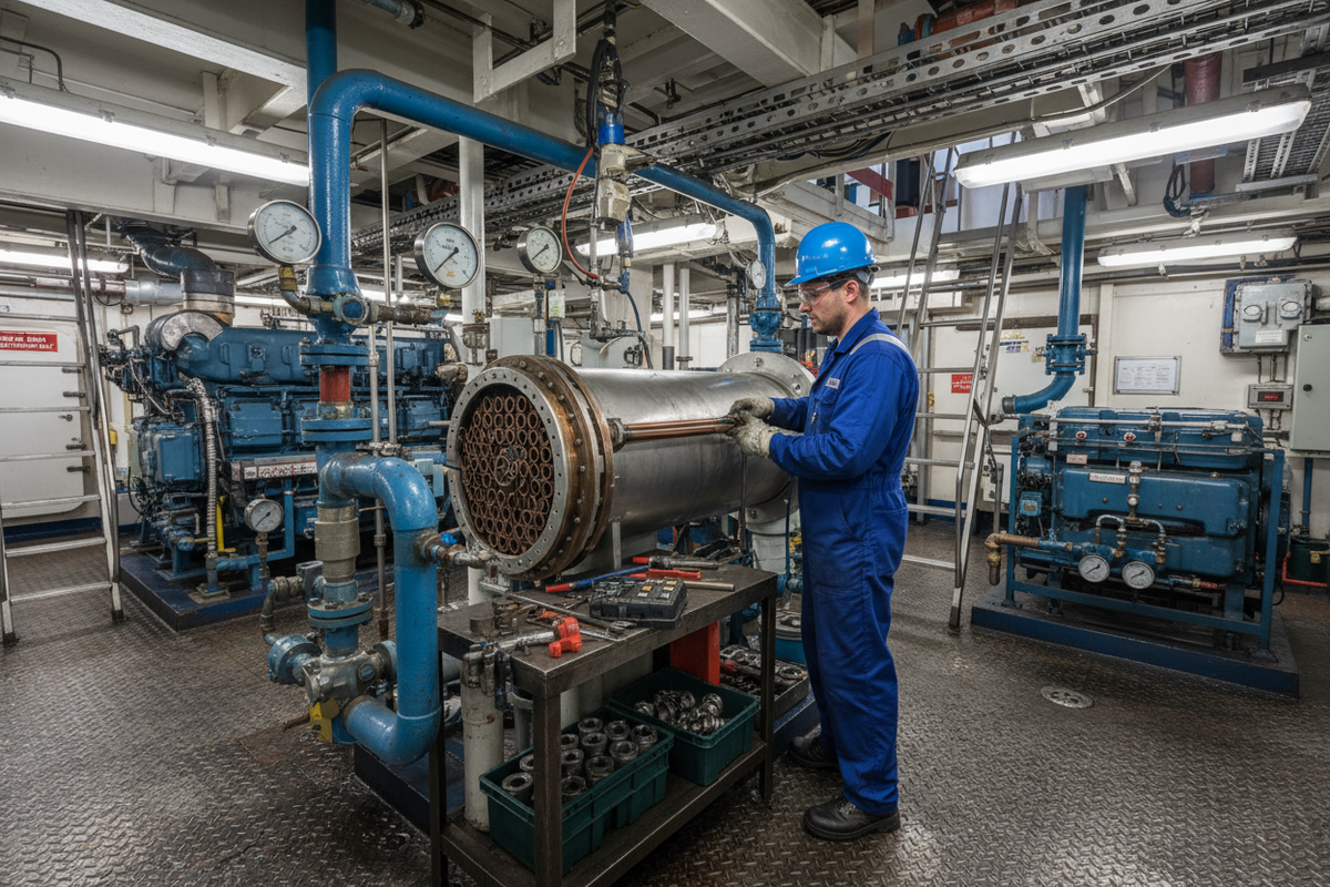 marine engine room repair of heat exchanger