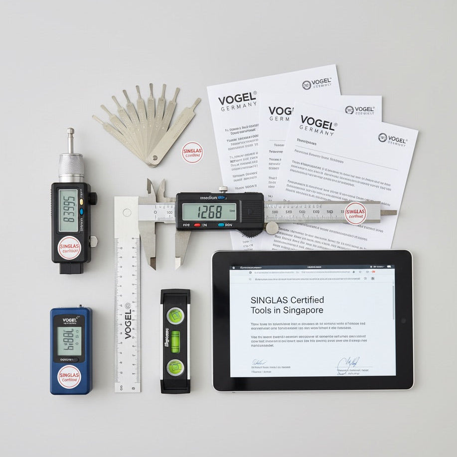 Measurement tools and documents on a white surface with Vogel and Singlas branding.